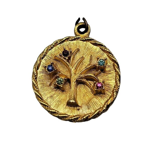 Rhinestone Tree Pendant Gold Tone Multicolor Stones Roped Frame - Picture 5 of 6